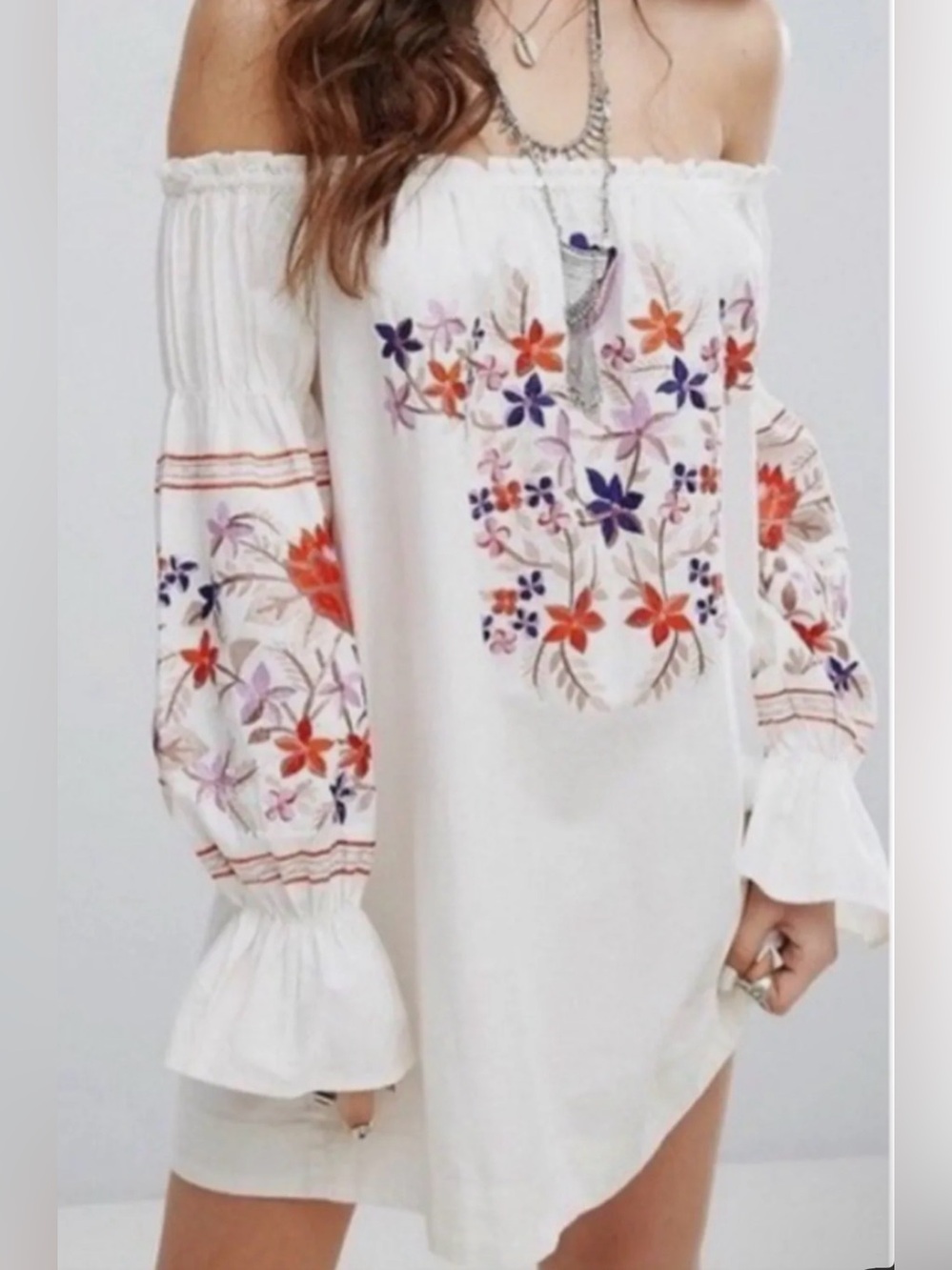 Free People Fleur Du Jour Off Shoulder Tunic Dress Small Floral Embroidered Boho